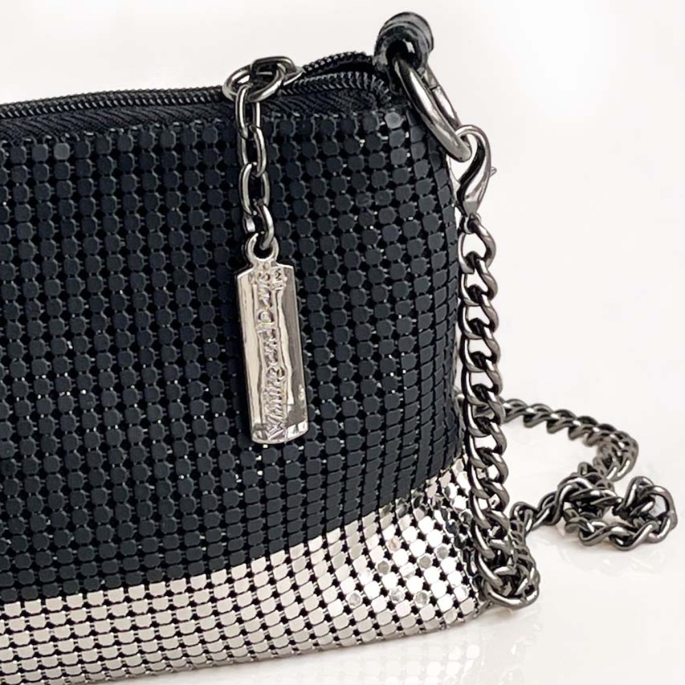 WHITING & DAVIS Two Tone Silver & Black Mesh Wristlet Clutch